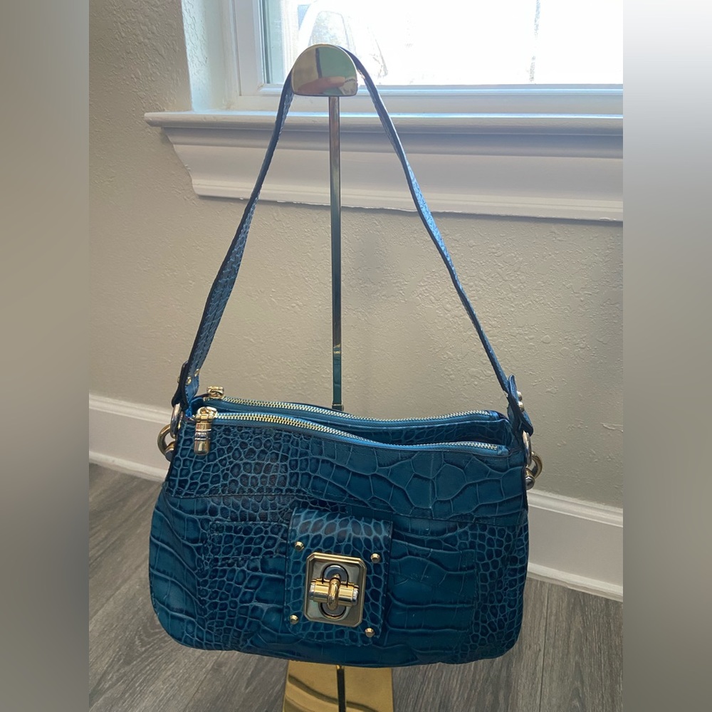 B Makowsky Croc Embossed Teal Leather Hobo/Satchel/Shoulder Handbag Gold Silver